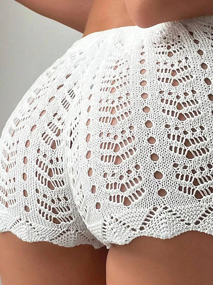 Hollow Knit Drawstring Shorts - Open Waist Bikini Cover-Up Shorts