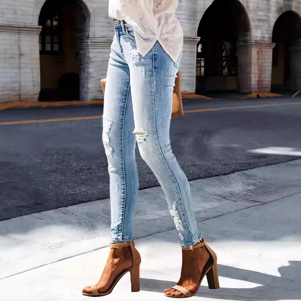 Washed Distressed Straight Jeans - Stretch Ripped Streetwear Denim