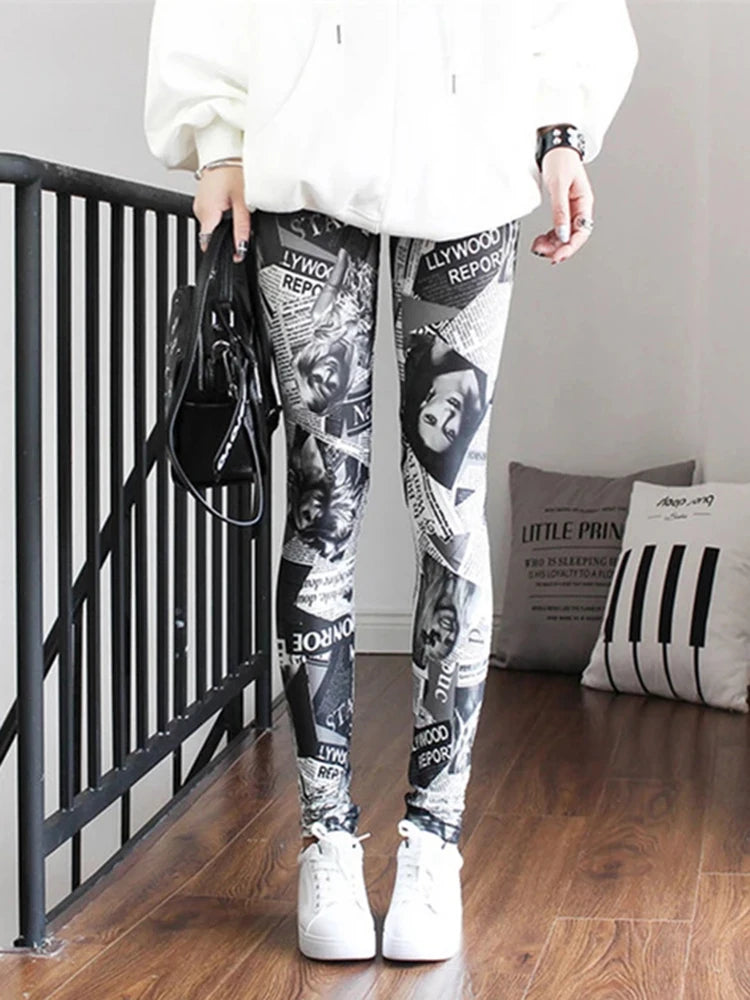 Graffiti Floral Print Leggings - Stretch Ankle-Length Everyday Tights