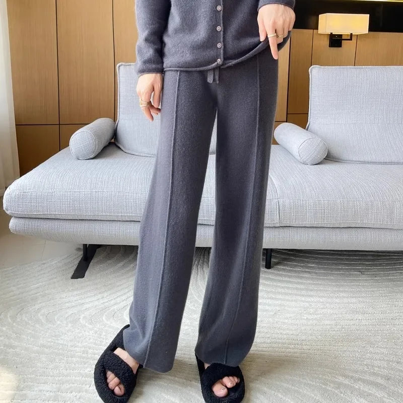 Knitted High Waist Wide Leg Pants - Autumn Winter Straight Trousers