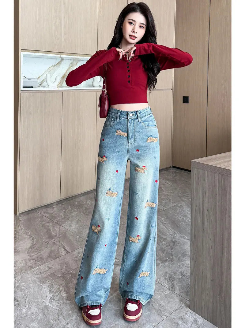 Embroidered Dog Straight Leg Jeans - Korean Loose Denim Pants