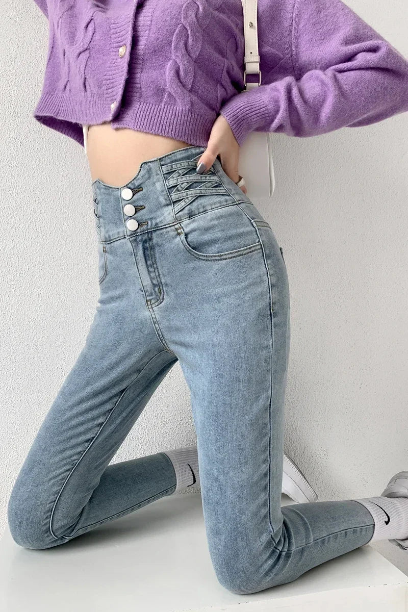 Four Button Skinny Pencil Jeans - Vintage High Waist Stretch Denim