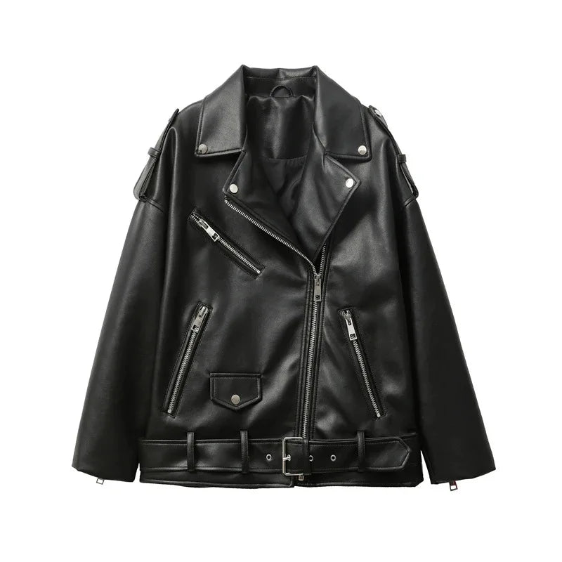 Loose Black PU Motorcycle Jacket - Imitation Leather Autumn Outerwear