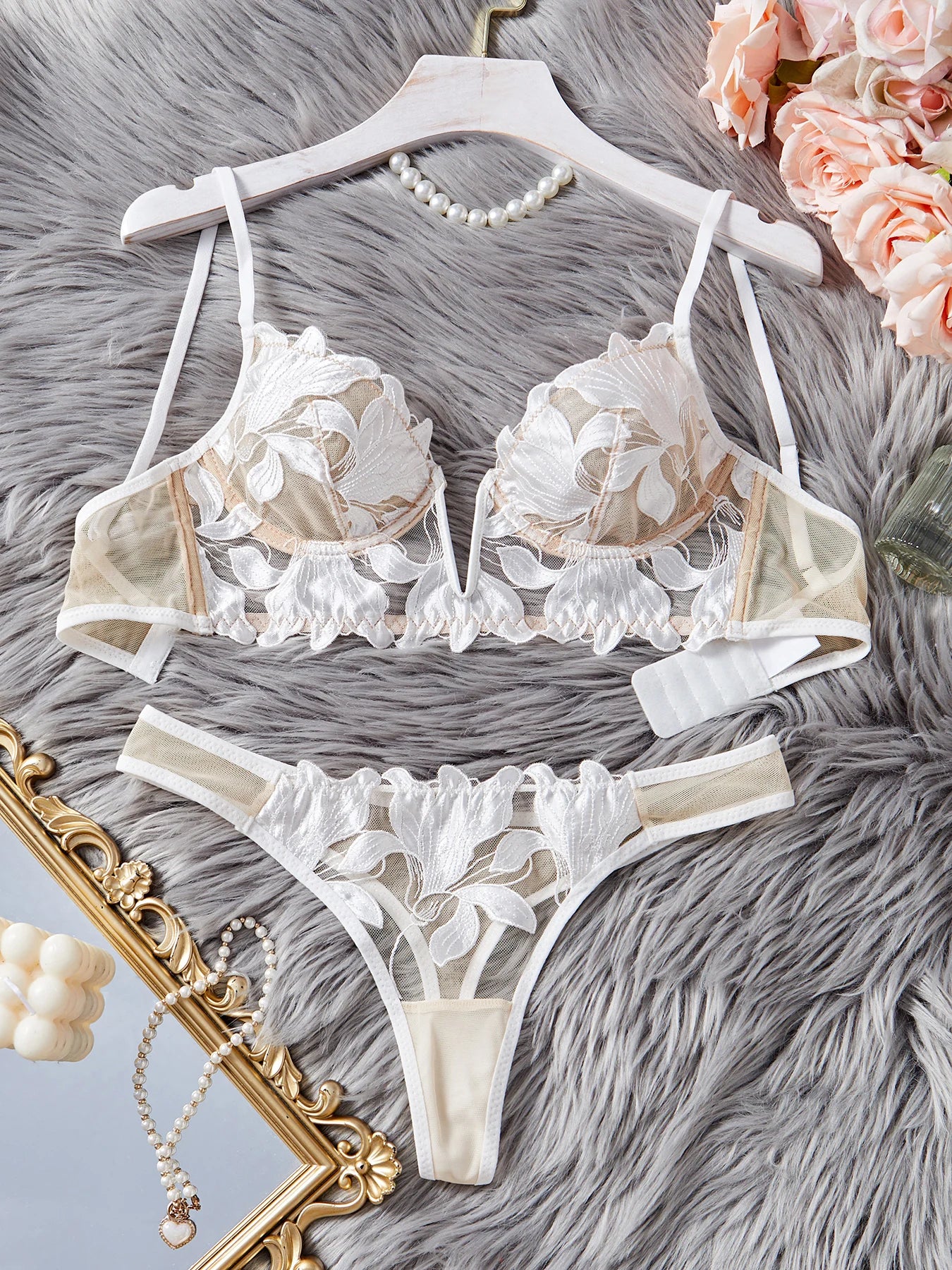 Floral Valentine Bra and Brief Set - Embroidered Three Hook Lingerie