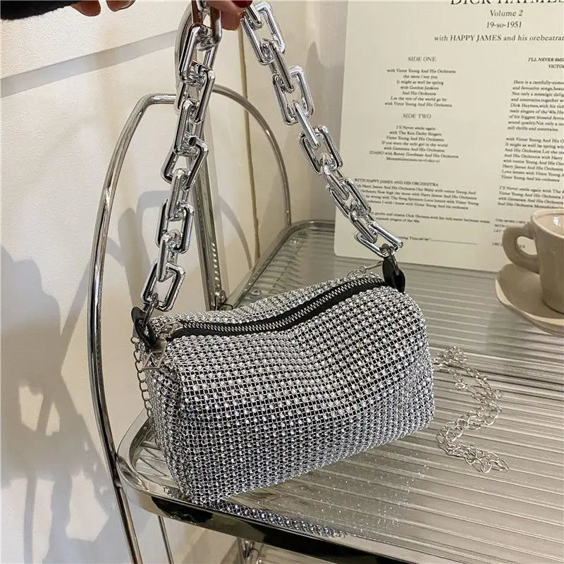 Glitter Rhinestone Bucket Bag - Mini Chain Prom Crossbody Purse
