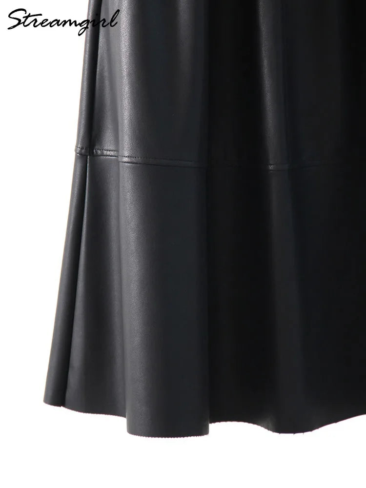 Midi Faux Leather A-Line Skirt - Elastic Waist Pocket Swing Skirt