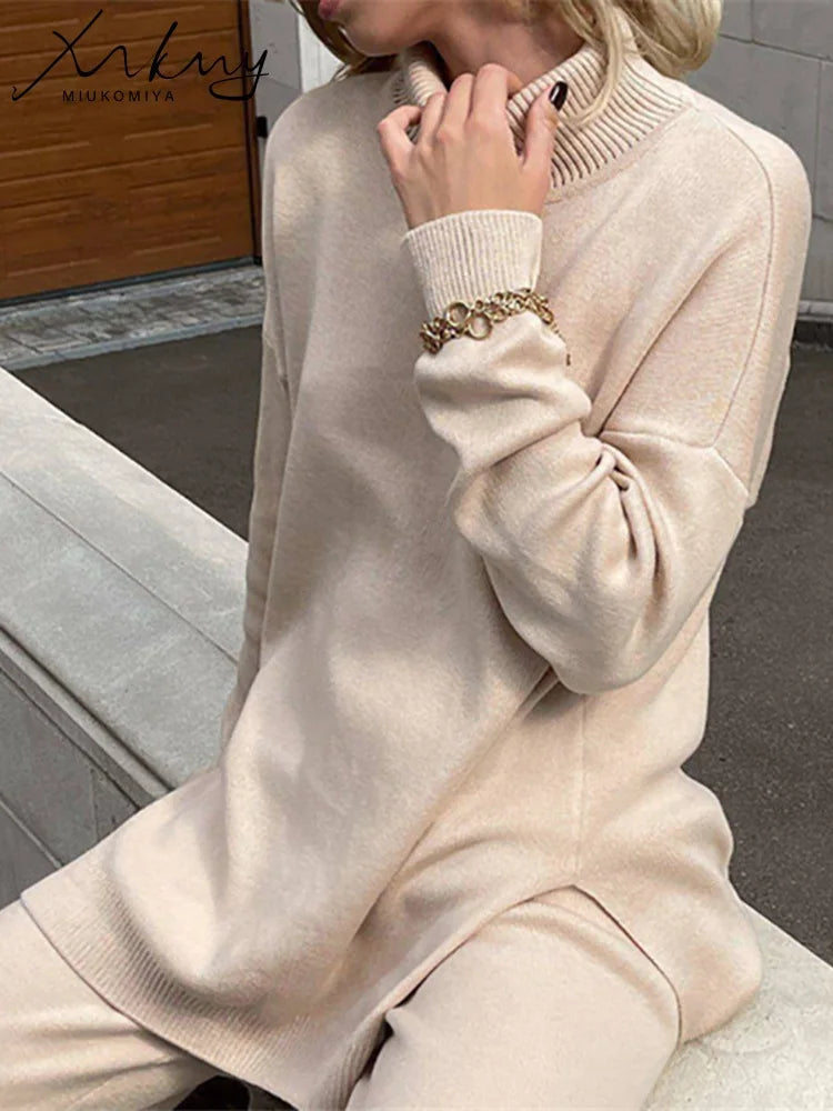 Side Split Turtleneck Sweater - Oversize Knitted Autumn Pullover
