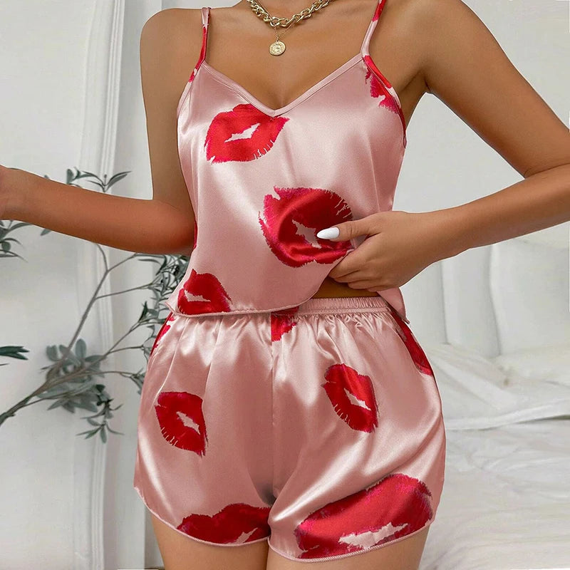 Satin Lace Cami and Shorts Pajama Set - Summer Two Piece Sleepwear