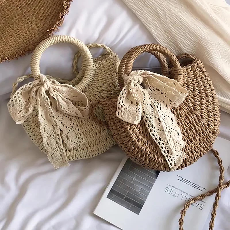Half-Round Rattan Straw Crossbody Bag - Handmade Summer Beach Purse