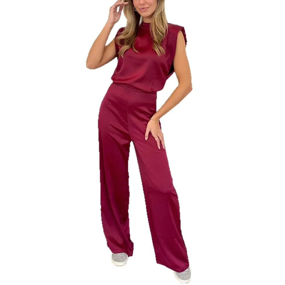 Satin Halter Wide Leg Jumpsuit - Backless Zipper Summer Outfit