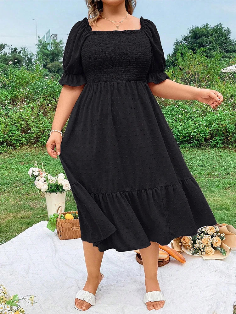 Plus Size Ruffle Hem Midi Dress - Square Neck Backless Outfit
