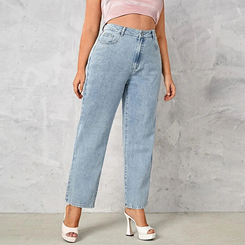 Plus Size Dark Blue Stretch Jeans - Loose Straight Autumn Denim Pants