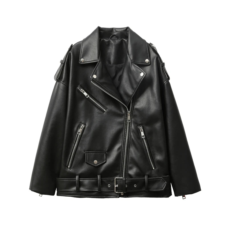 Loose Black PU Motorcycle Jacket - Imitation Leather Autumn Outerwear