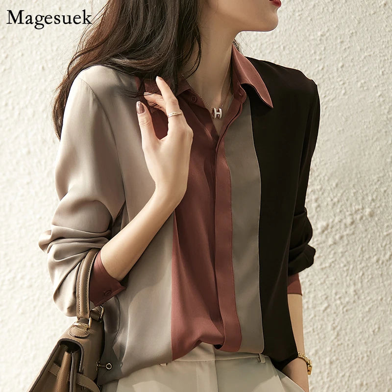 Satin Button Blouse - Long Sleeve Polo Collar Office Shirt