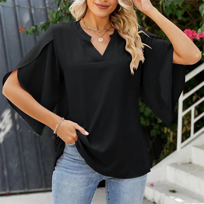 V Neck Chiffon Blouse - Loose Short Flare Sleeve Summer Top