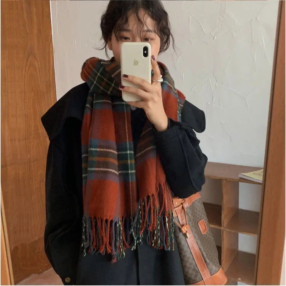 Plaid Cashmere-Feel Winter Scarf - Long Tassel Shawl Wrap