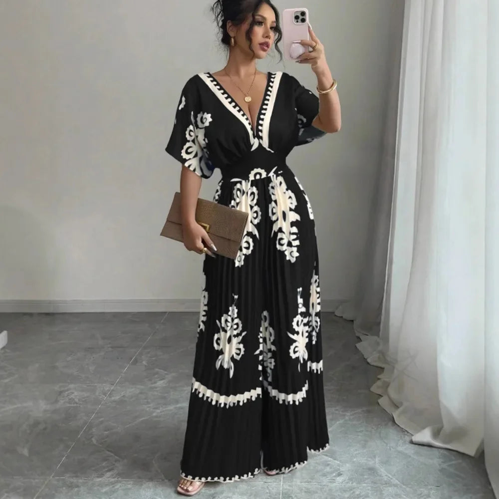 Deep V Backless Wide Leg Jumpsuit - Printed High Waist Outfit