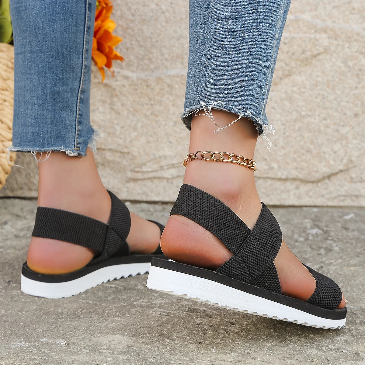 Pure Black Lace-Up Flat Sandals - Anti-Slip Comfortable Summer Shoes