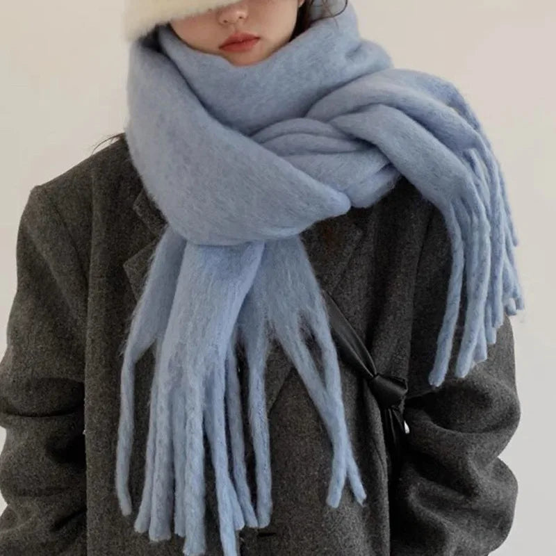Soft Solid Winter Scarf - Long Tassel Mohair-Feel Wrap