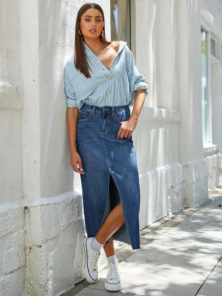 Washed Denim A-Line Midi Skirt - High Waist Split Vintage Long Skirt