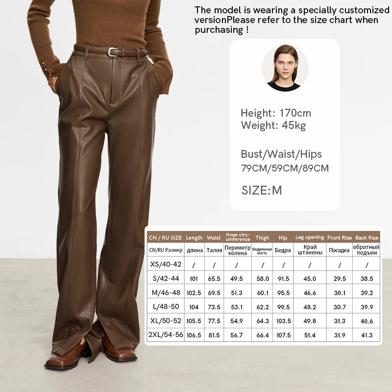 PU Leather Straight Slit Pants - Minimalist Floor Length Trousers