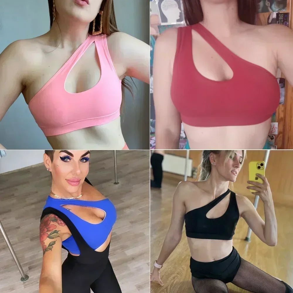 One Shoulder Yoga Sports Bra - Wire Free Push Up Crop Top
