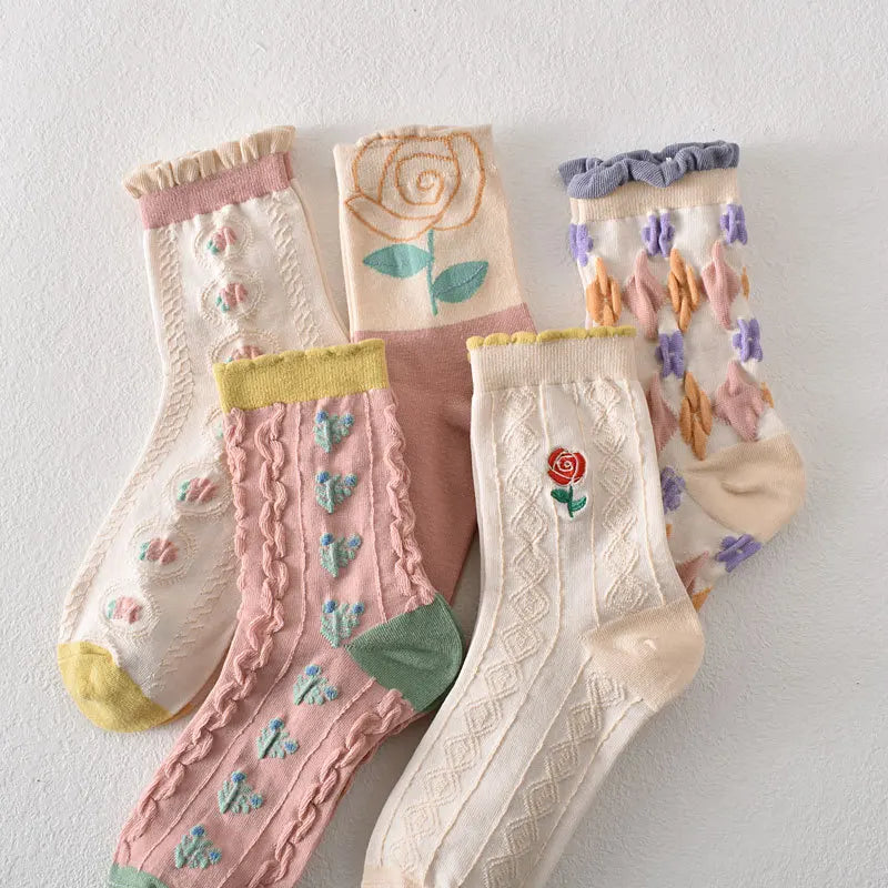 Floral Embossed Knit Socks - Retro Harajuku 5 Pair Style
