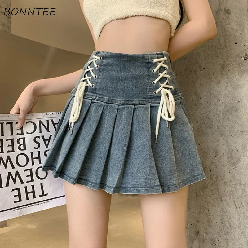 Denim Lace-Up Pleated Mini Skirt - Korean High Waist Streetwear Skirt
