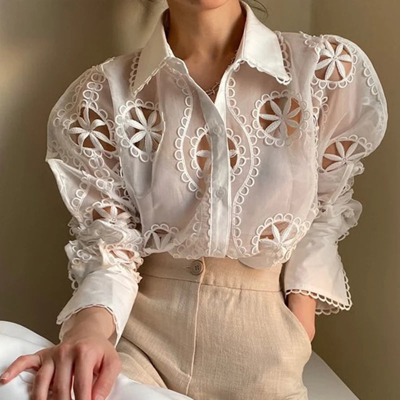 White Embroidered Hollow Blouse - Long Sleeve Vintage Office Top
