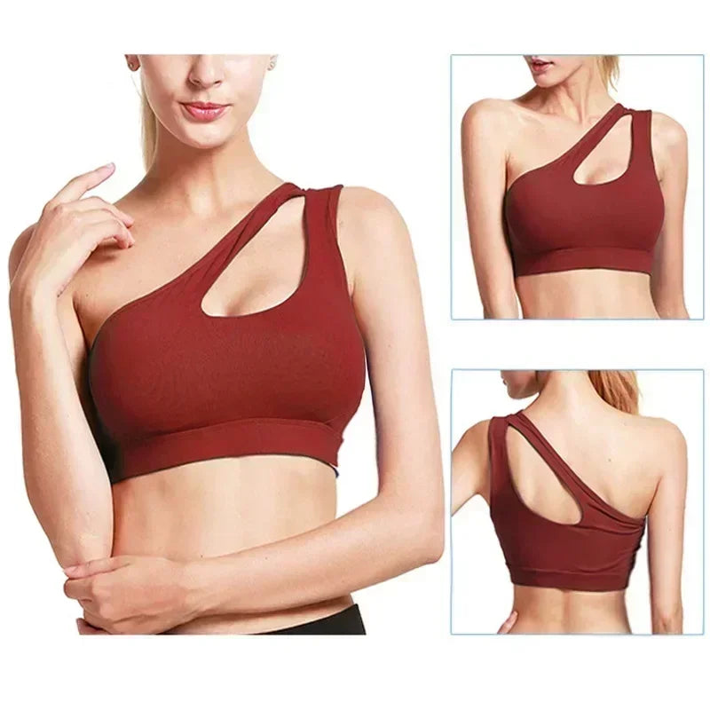 One Shoulder Yoga Sports Bra - Wire Free Push Up Crop Top