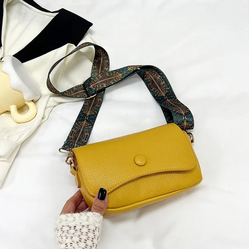Wide Strap PU Leather Crossbody Bag - Small Flap Shoulder Purse