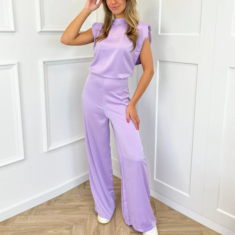 Satin Halter Wide Leg Jumpsuit - Backless Zipper Summer Outfit