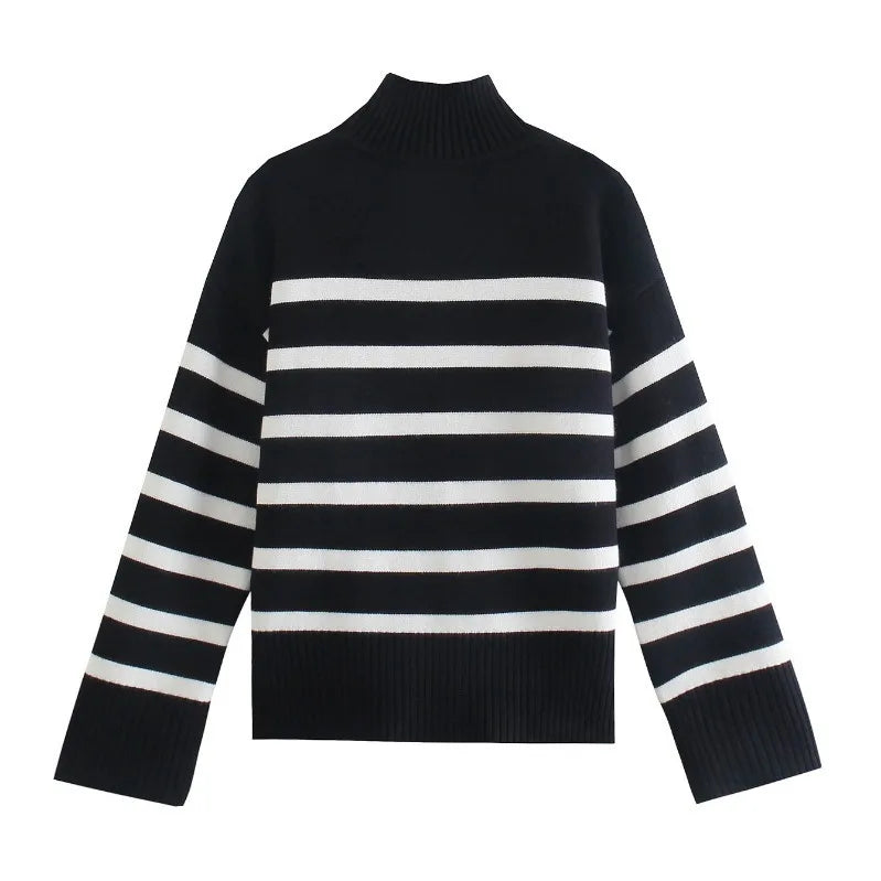 Black White Stripe Turtleneck Sweater - Loose Knit Pullover