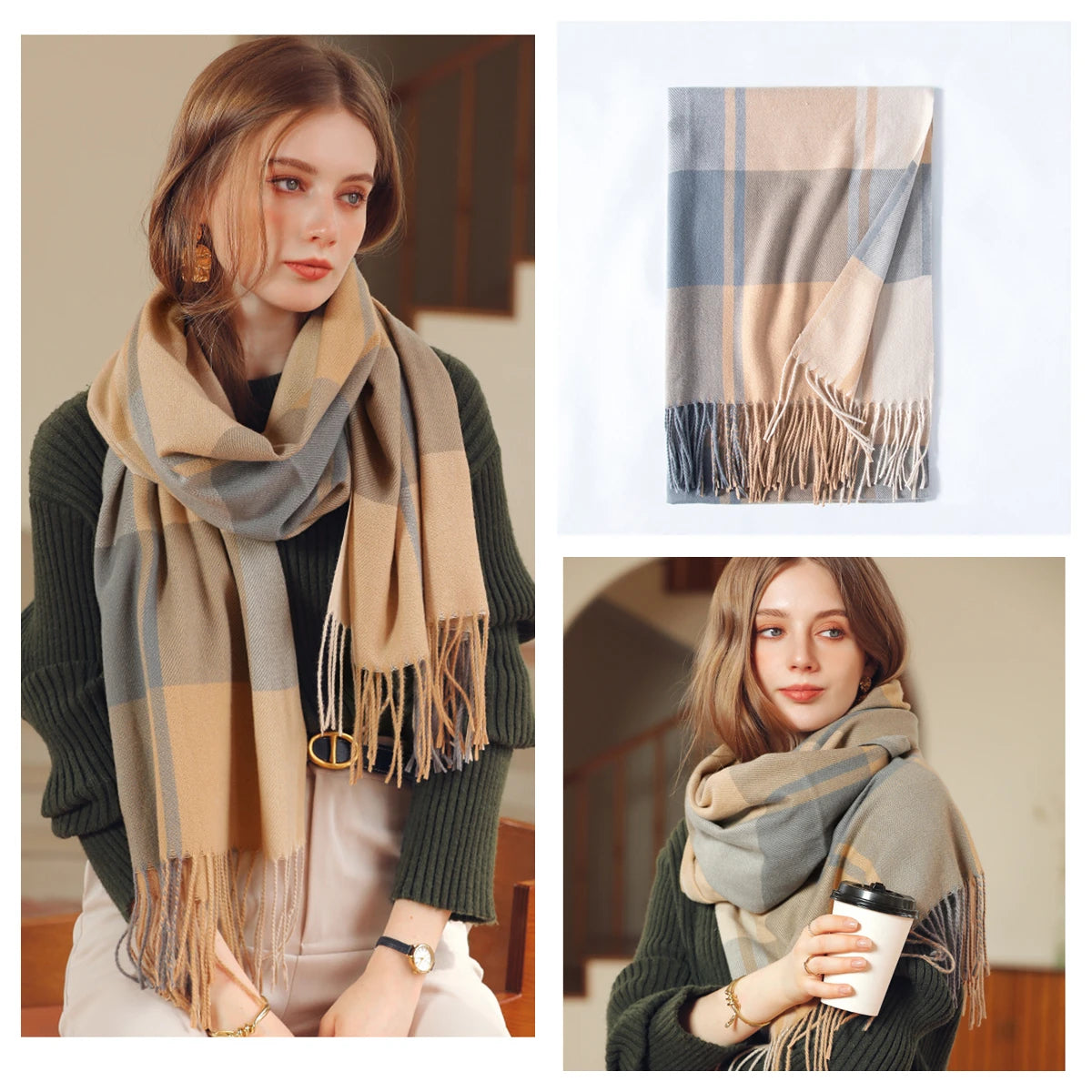 Classic Plaid Blanket Scarf - Cashmere-Feel Large Warm Shawl