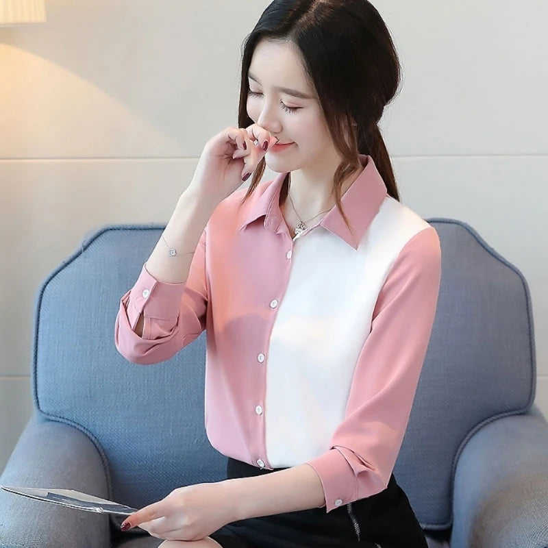 Solid Turn Down Collar Blouse - Slim Office Lady Button Shirt