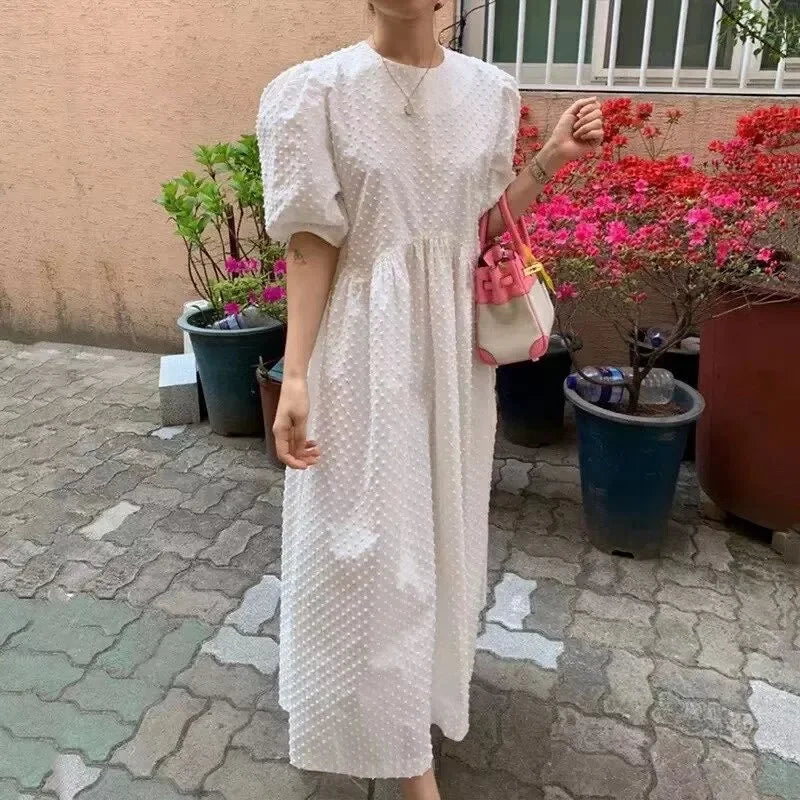 Polka Dot Puff Sleeve Long Dress - Casual O Neck Party Outfit