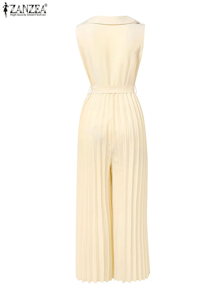 ZANZEA V Neck Pleated Jumpsuit - Sleeveless Wide Leg Workwear
