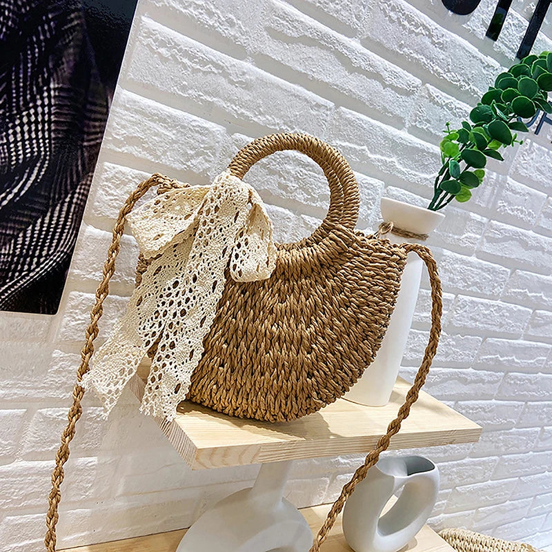 Half-Round Rattan Straw Crossbody Bag - Handmade Summer Beach Purse