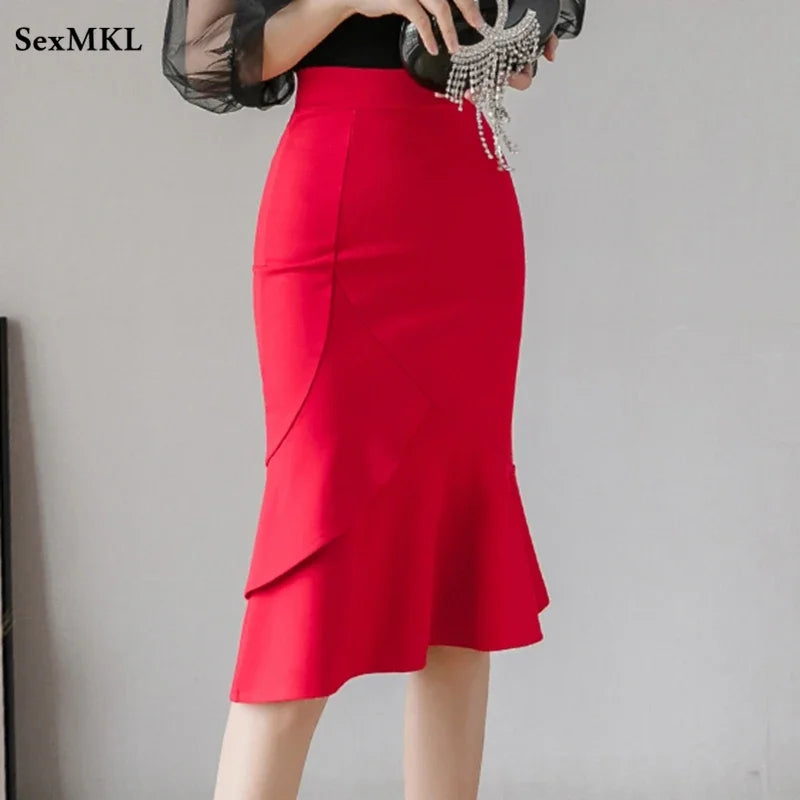 Elegant Black Bodycon Midi Skirt - High Waist Office Corset Skirt