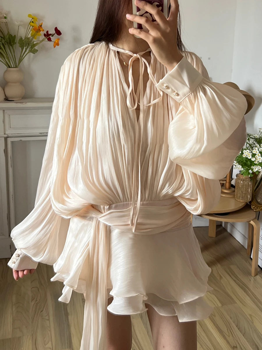 Lace Up Blouse Mini Dress - V Neck Long Sleeve Sweet Style Outfit