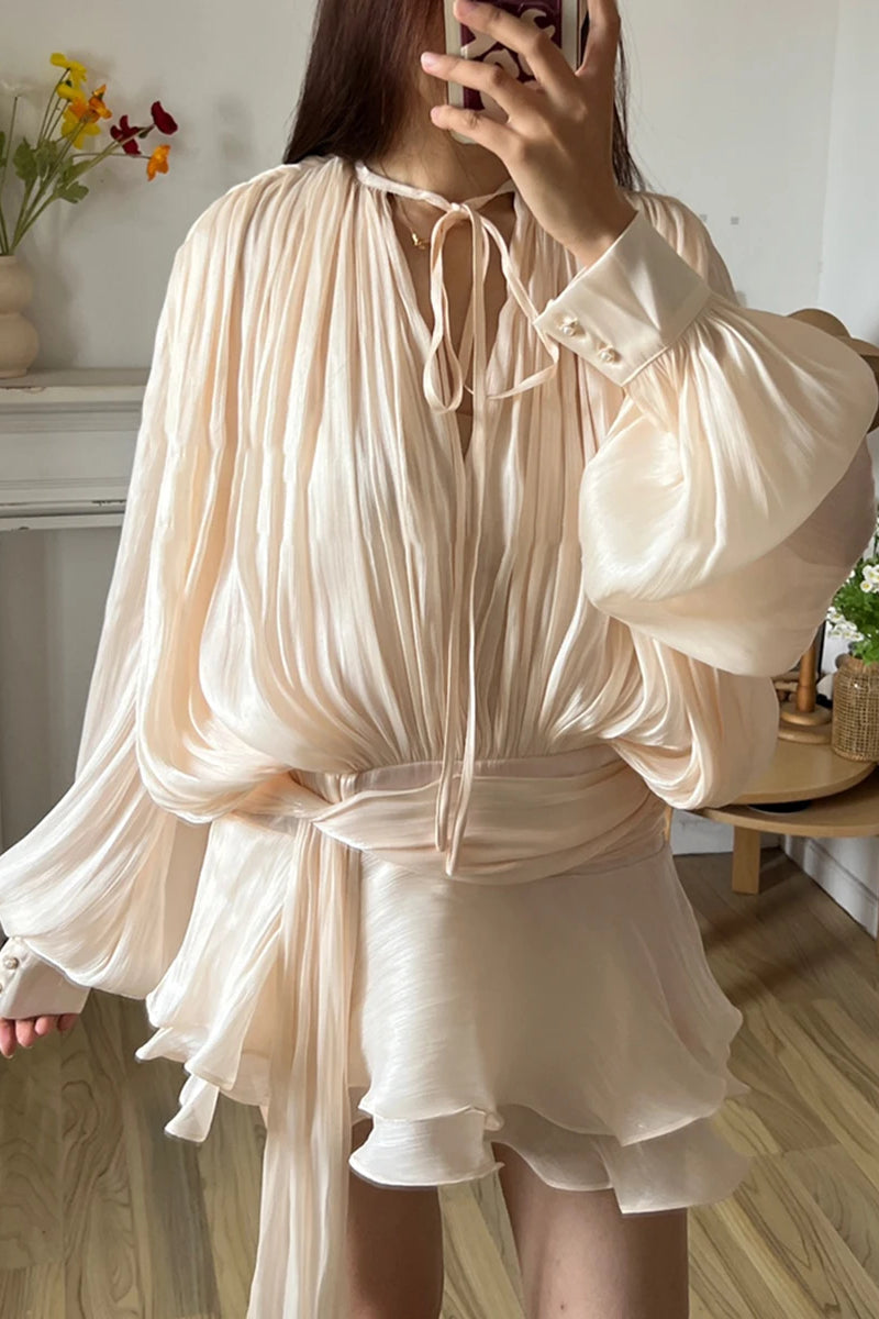 Lace Up Blouse Mini Dress - V Neck Long Sleeve Sweet Style Outfit