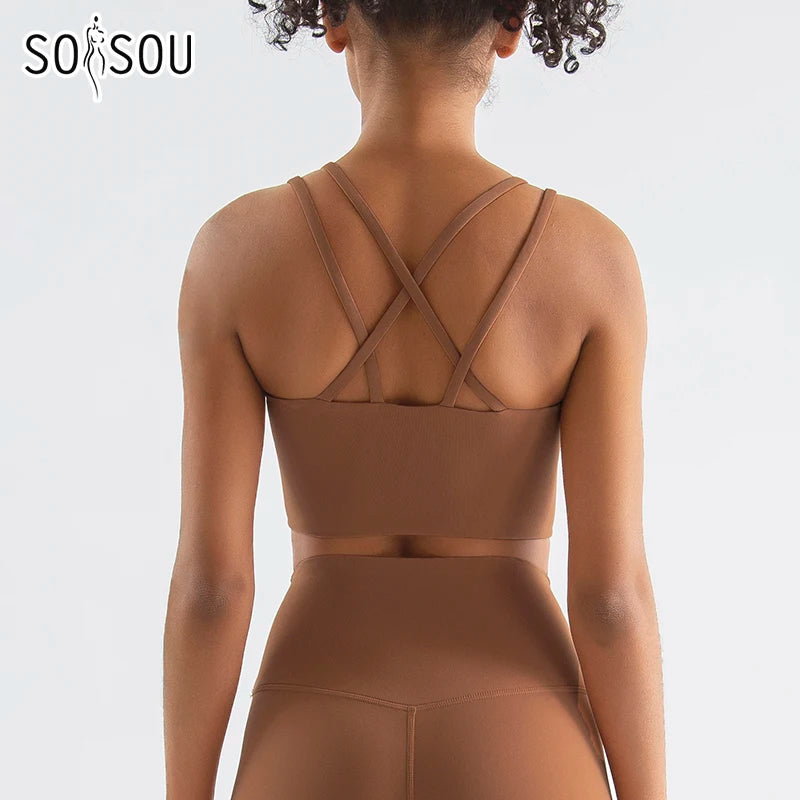 Nylon Cross Back Sports Bra - Elastic Yoga Gym Bralette