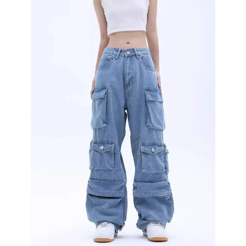 Y2K Multi-Pocket Cargo Jeans - Blue Washed Wide Leg Denim