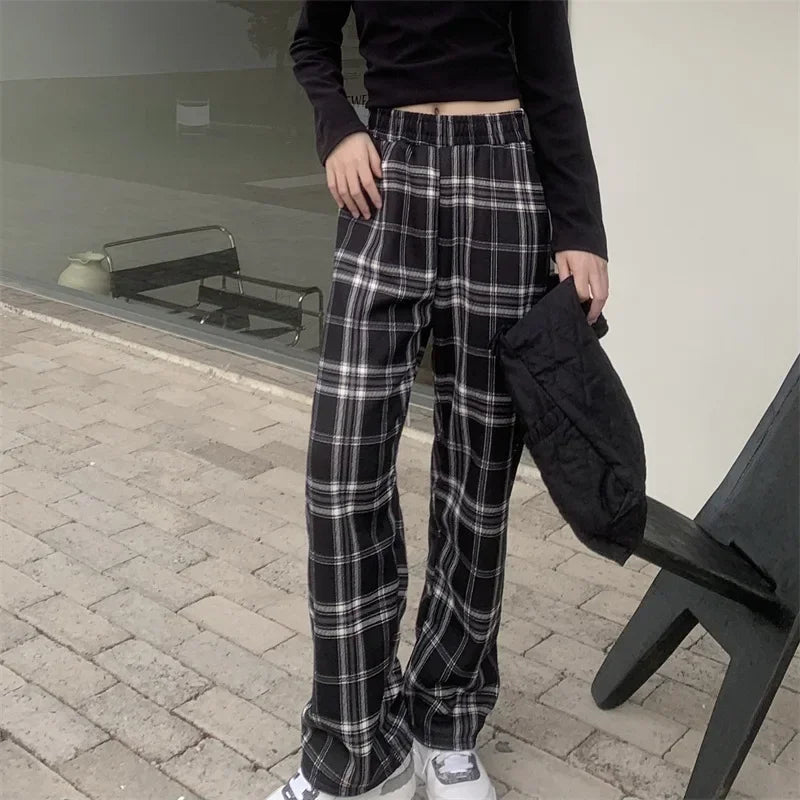 Fleece Lined Plaid Trousers - High Waisted Straight Winter Pants
