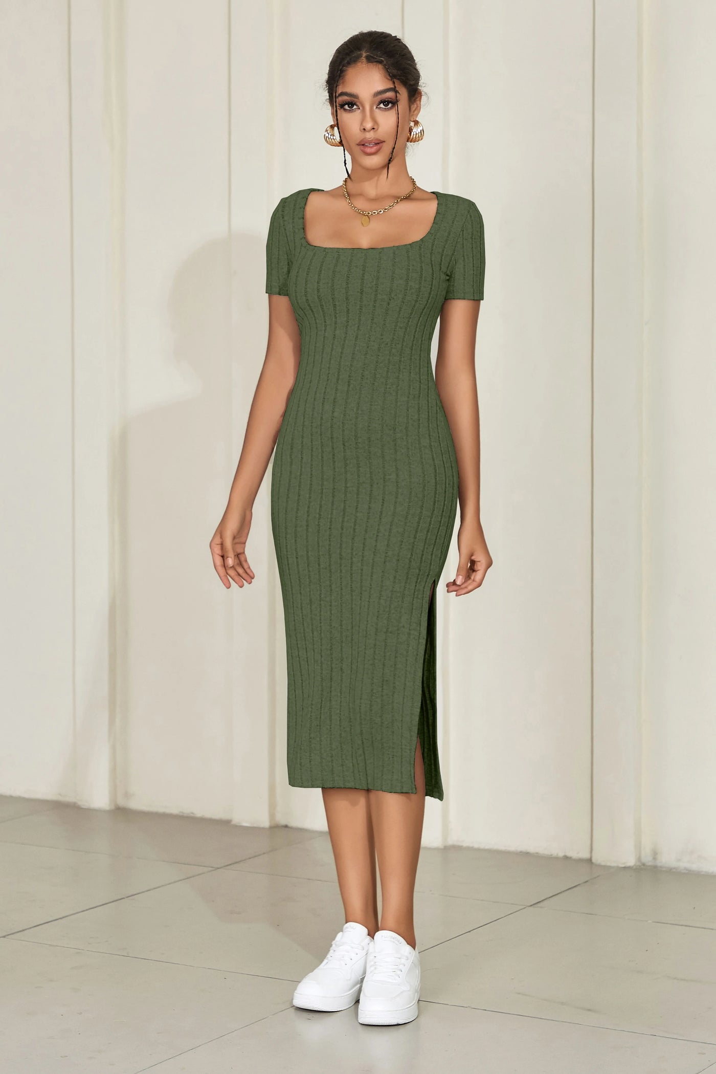Square Neck Knitted Slit Dress - Short Sleeve Mid-Length Summer Outfit