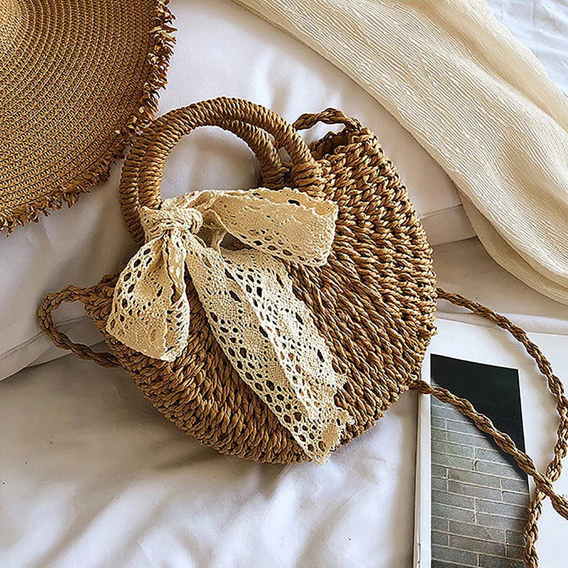 Half-Round Rattan Straw Crossbody Bag - Handmade Summer Beach Purse
