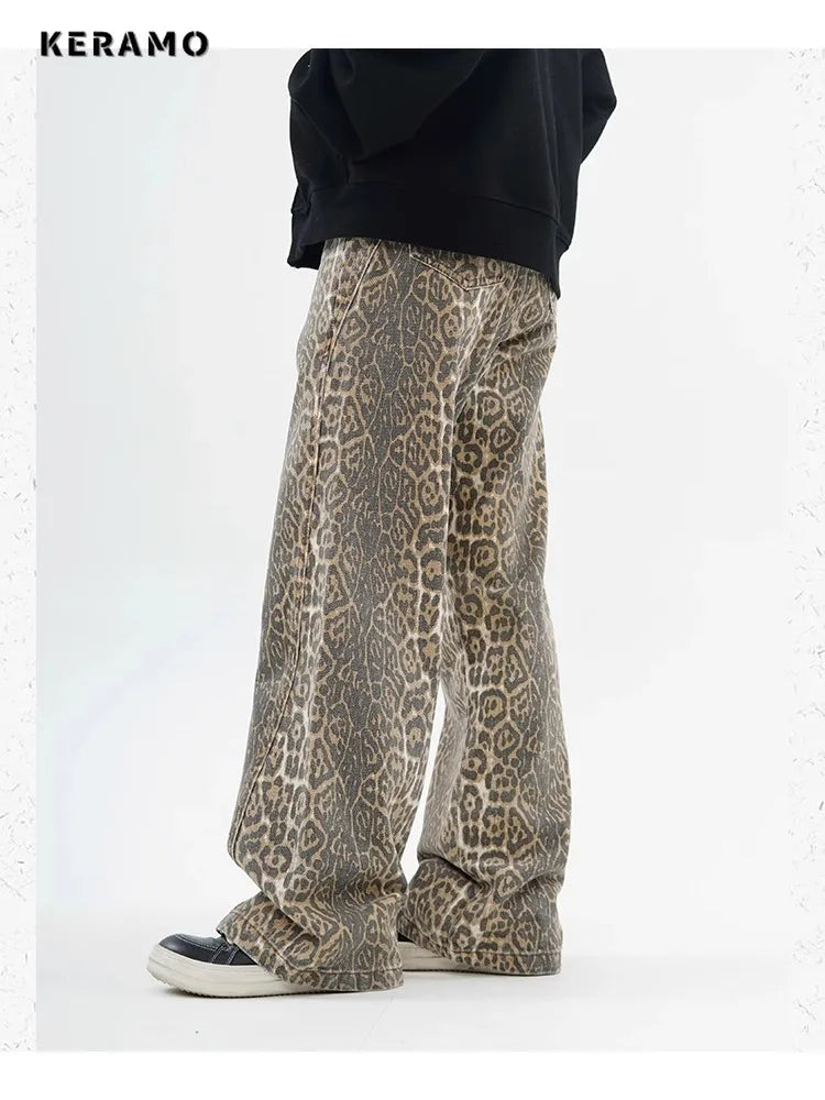 Leopard Print Wide Leg Jeans - Oversized High Waist Denim Pants