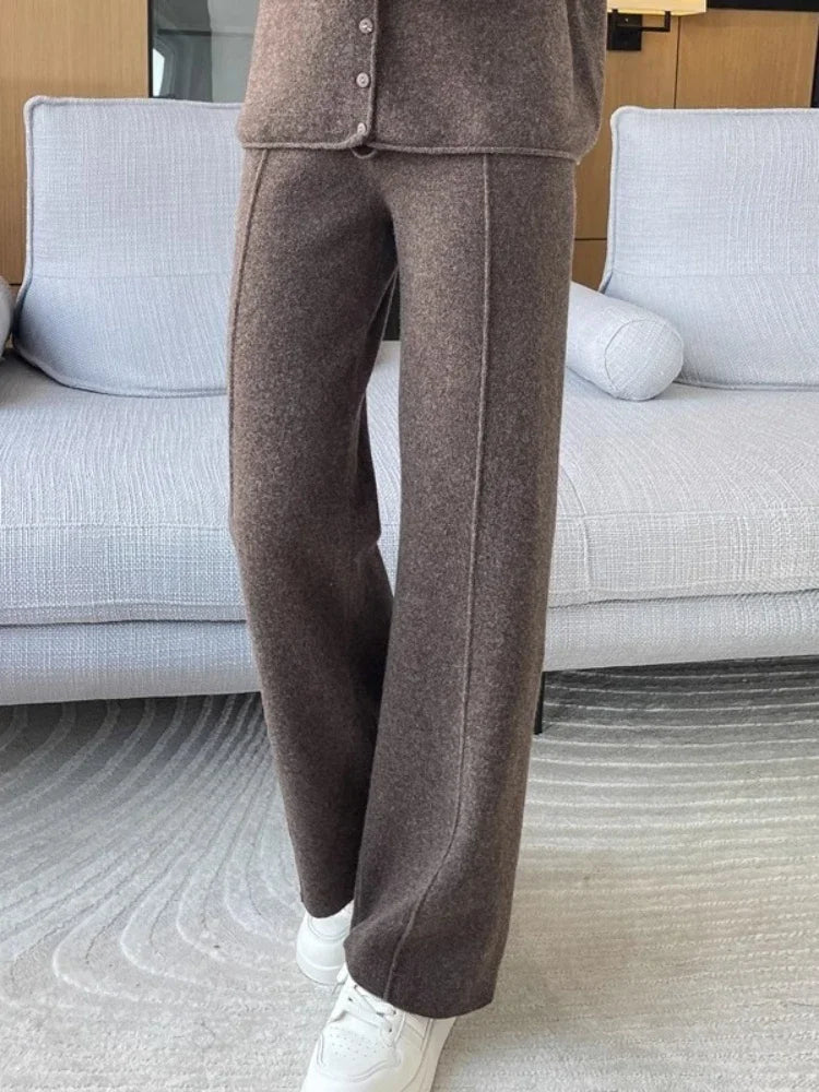 Knitted High Waist Wide Leg Pants - Autumn Winter Straight Trousers