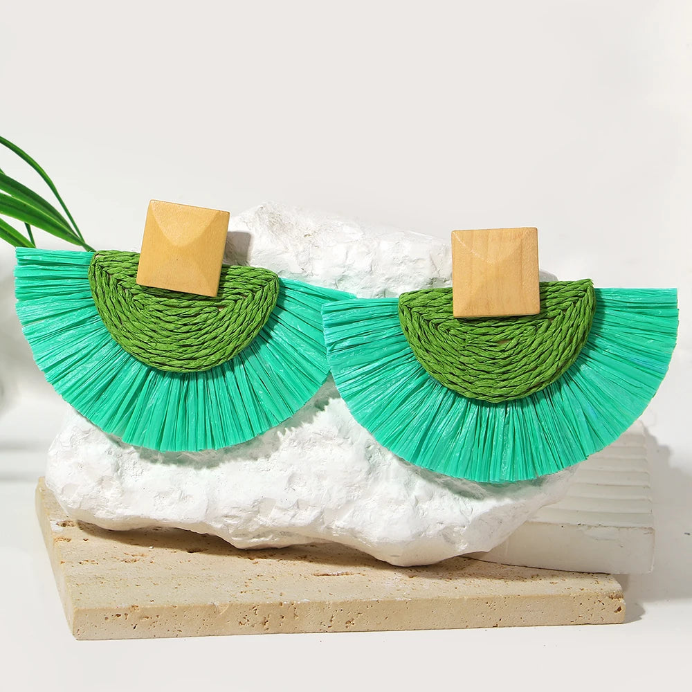 Handmade Raffia Fan Drop Earrings - Wooden Rattan Summer Jewelry