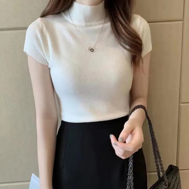 Half High Neck Stretch Top - Korean Solid Short Sleeve Shirt